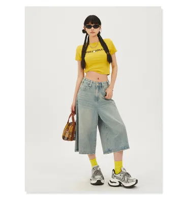 Factory Wholesale High Waist Straight American Vintage Casual Street Ventilation Lightweight Women's Mid-length Denim Pants