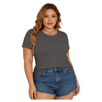Plus Size Curvy Women Solid Crew Neck T Shirt Straight Hem Short Sleeve Soft Stretch Summer Basic Casual Tees Wholesale