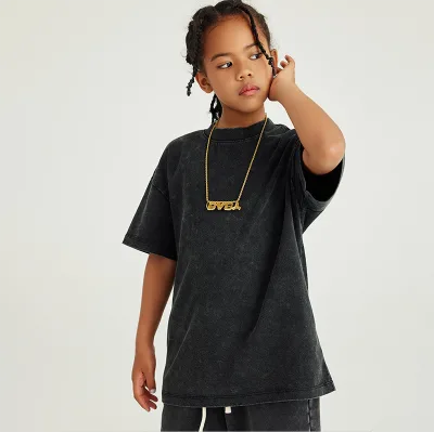 EK-017 Good Quality 230gsm 100% Cotton Acid Wash t Shirts Kids Oversized Vintage t Shirt for Children