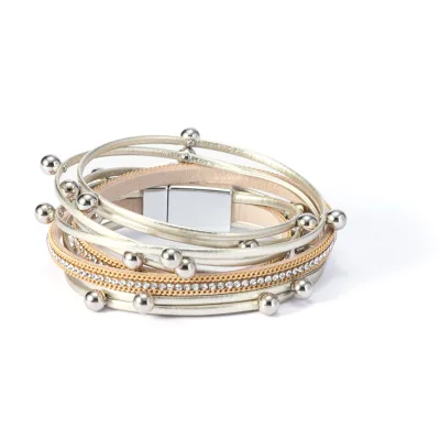 High Quality New Multilayer Pu Leather Bracelet Fashion Diamond Inlaid Magnetic Snap Handmade Woven Women's Bracelet