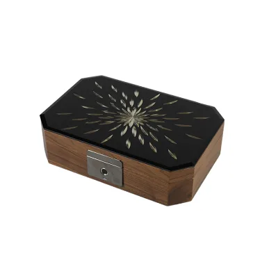 Walnut Wooden Jewelry Box With Black Glass Top Golden Burst Pattern, Fingerprint Lock Multi-Layer Jewelery Storage Case Gift Box