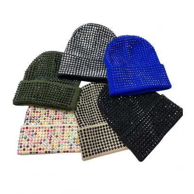 Women's High Quality Winter Beanie Acrylic Knitted Warm Cap Crystal Diamond Shine Rhinestone Fashionable Global Shipping Beach