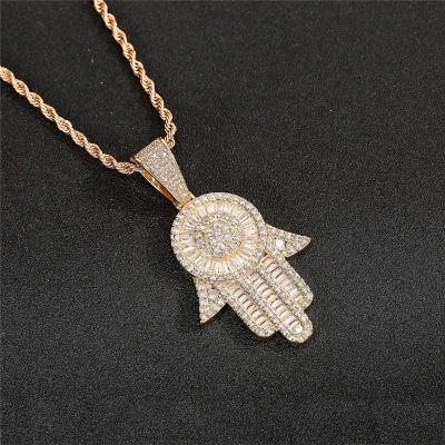 Bling Bling Gold Copper Charms 3A CZ Pave Hamsa Hand Shape Pendant Necklace for Men Women