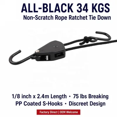 All-Black 1/8" 2.4m Rope Rachet Tie Down 34kgs Non-Scratch PP Coated Zinc Alloy Gear S Hooks Discreet Motorcycle Boat Grow Tent