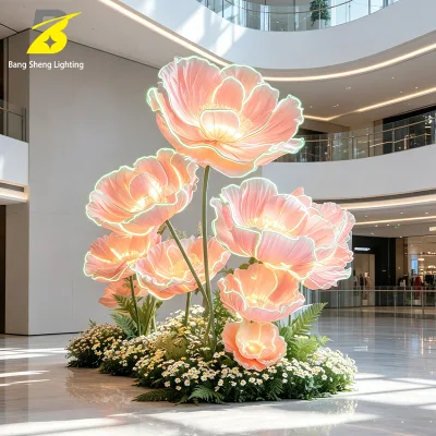 Cluster Giant Bionic Flower LED Neon Outline Landscape Lamp Soft Pink Translucent Fabric Petal Sculpture Floor Light