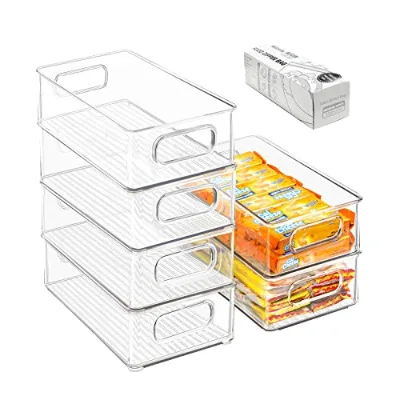 Stackable Large Size Rectangle Shape Refrigerator Organizer Bins 6-Pack Plastic Kitchen Storage Containers Handles 20 Plastic