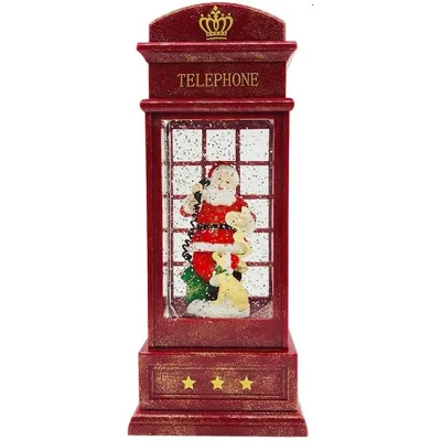 Red Swirling Glitter Crystal Christmas Snow Telephone Booth Santa Christmas Water LED Lantern for Home Decoration and Gift