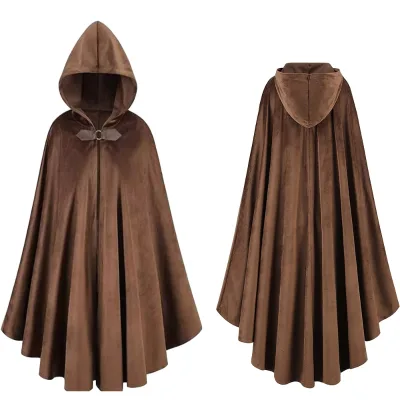 Unisex Brown  LARP Ranger Cloak Adjustable Leather Buckle Hooded Cape Renaissance Festival Costume