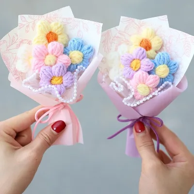 Mini Handmade Crochet Puff Flower Bouquet for Women Mother's Day Decor Gift Wedding Table Decoration
