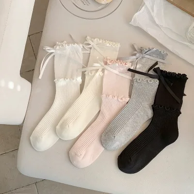 Summer Bow Mid-Calf Socks, Layered Ruffled JK Style Socks, Japanese Lace Patchwork Chunky Socks