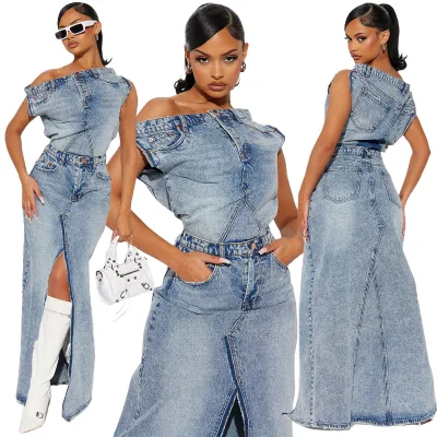 New Arrivals Women's Denim Casual Suit Summer Womns Clothing Strapless Tank Top and Split Jeans Skirt Set