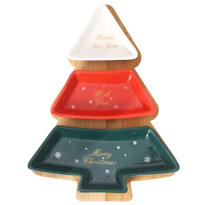 Christmas Saucer Fruit Plates Dinnerware Dishes Snack Dessert Plates With Tree Shape Bamboo Tray Christmas Tree Plate
