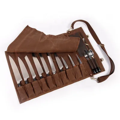 CHANGRONG Custom Personalized Brown Mens Chefs Knife Roll Bag with 10 Pockets