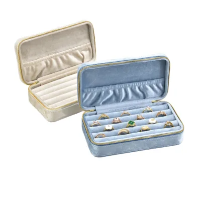 Elegant Compact Clamshell Velvet Ring Storage Box with Lid Pocket Drawstring Pouch and Gold Trim Edge for Rings Gifts Home Party