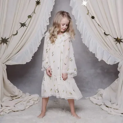 Wholesale Boutique Girls Princess Home Dress Girls Flower Printed Silk Lace Ruffle Long Nightgown Robe