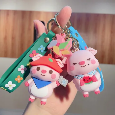 Hot Selling 3D Cartoon Cute Piggy Camping Plan PVC Soft Rubber Keychain Bag Backpack Pendant Gift