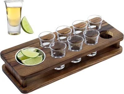 Eco-Friendly Brown Shot Glass Serving Set with 8 Shot Glasses Solid Wood Display Tray Rustic Barware Set