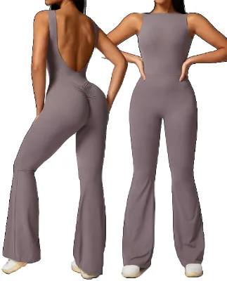Women's New Fashion Open Back Gym Workout Sports Fitness Flare Jumpsuit Set Sports Bodysuits & Jumpsuits