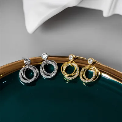 HOVANCI 3 Shining 925 Silver Multiple Circle Drop Earrings Delicate Inlaid Crystal Rhinestone Geometric Small Round Stud Earring