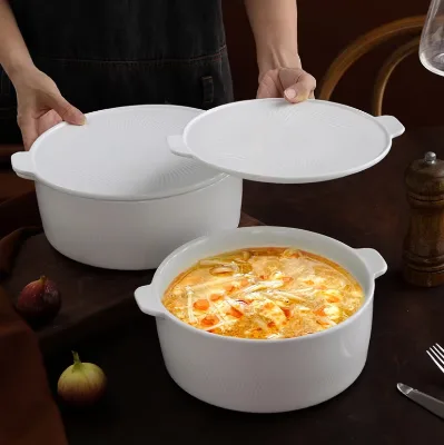 Wholesale Nordic Ceramic Soup Pot and Divided Snack Platter with Bamboo Tray Retro Porcelain Dinnerware Set