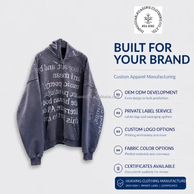 Washed Purple Mens Zip Hoodie Vintage Graphic Letter Print Oversized Streetwear Custom Apparel Wholesale Private Label Suppliers