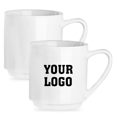 Stackable White Ceramic Cup - Coffee Mug, Customizable with Logo and Company Slogan