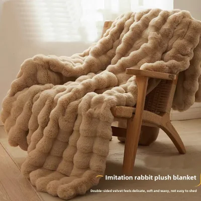 Autumn Winter High-Weight Coral Velvet Throw Embroidered Knitted 100% Polyester Eco-friendly Fake Rabbit Flannel Sofa Blanket
