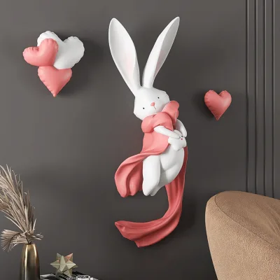 Resin Artistic Painted Rt-shaped Cute Rabbit Relief Wall Decor TV Sofa Background Wall Hanging Entrance Hall Bedroom Headboard