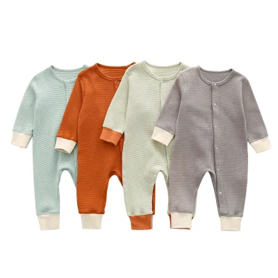 Autumn Casual 100% Cotton Baby Jumpsuit for Children Waffle Print High Quality Solid Pattern Button Closure