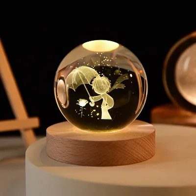 the Little Prince in the Rain Crystal Ball Night Lamp Laser Printed Glass for Home Decor and Valentine's Day Gift