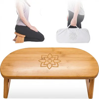 Bamboo Foldable Meditation Bench Ergonomic Portable Kneeling Stool with Carry Bag for Yoga Prayer