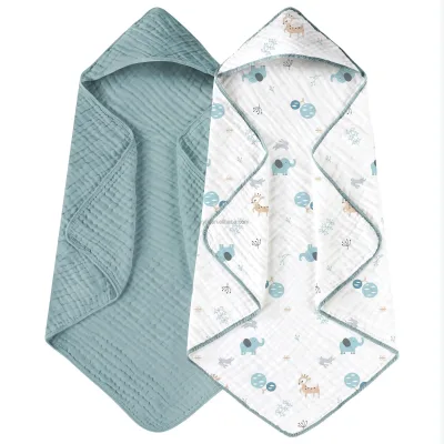 Custom 80* 80cm Blue White Elephant Hood Baby Towel 100% Tulle Cotton Soft Absorbent Woven Newborn Bath Towel with Fiber Filling