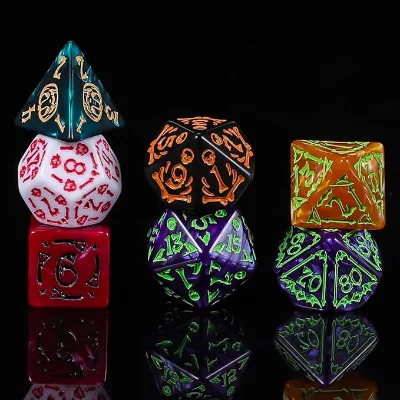 DND Polyhedral Dice Set (7pcs) with a Gold Pattern for Dungeons and Dragons RPG MTG Table Games. Halloween Pumpkin Role Playing