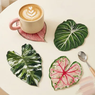 Leaf Pattern Cup Coaster Heat Resistant Waterproof Drink Mat Realistic Plant Print Coaster for Mugs Cups Table Protection