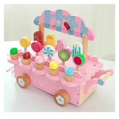 Wooden Kids Ice Cream Cart Pretend Play Toy Role Play Food Truck for Toddler