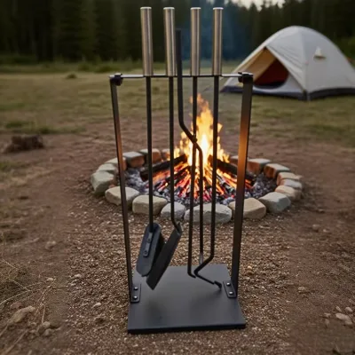 4 Pieces Indoor Outdoor Accessories Black Fireplace Tools Set with Standing Rack