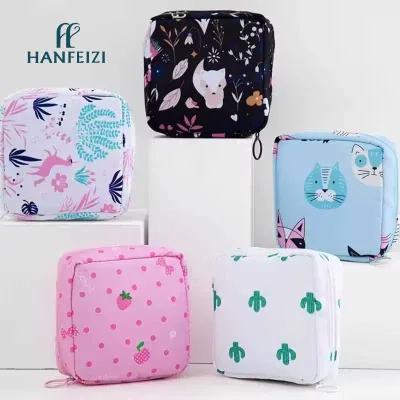 HANFEIZI Wholesale Cute Cartoon Square Waterproof Sanitary Napkin Pads Storage Bags Mini Travel Cosmetic Bag
