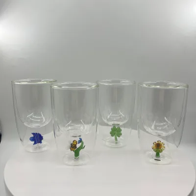 Double Wall High Borosilicate Glass Cup with Decor Fish Bee Clover Sunflower Inside