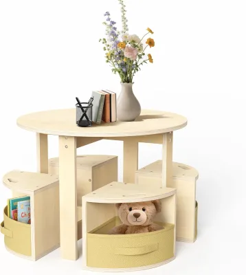 Nesting Design Round Table for Kids and Children Activity Play Table with 4 Storage Stools for Art and Craft Set