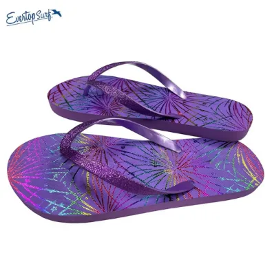 Women's Purple Holographic Flip Flops, Glitter Strap Firework Printed Beach Slippers