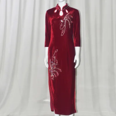 Top Selling Beads Sequins Embroidery Velvet 4 Colors Full Sleeves Cheongsam Qipao Chinese Traditional Dress for Party