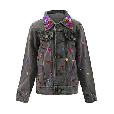 OEM Custom Kids Street Wear Girls Jacket Beaded Diamonds Girls Jeans Jacket
