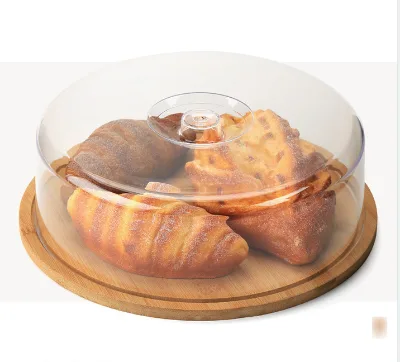Bamboo Cheese Board & Cake Stand with Clear Lid and Tray 28cm Dia Rectangle Eco-Friendly 1cm Thick Anti-Slip Durable
