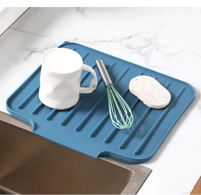 Non-slip Rectangular Silicone Drying Mat with Drainage Slope; Minimalist Dish Bowl Drain Pad Kitchen Sink