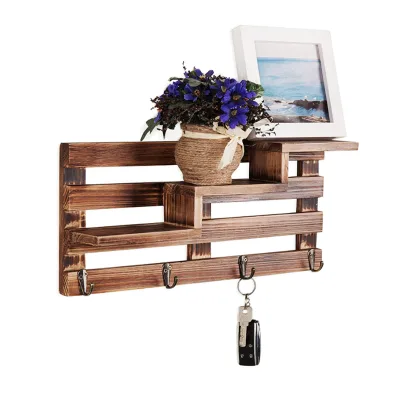 OKSQW Wall Mounted Rustic Burnt Wood Key Rack Organizer Tiered Floating Display Shelves