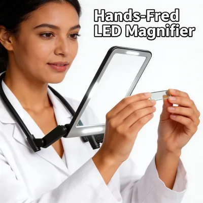 Rechargeable Foldable Neck Magnifier Hands Free LED Magnifying Glass for Low Vision Seniors Reading Daily Use