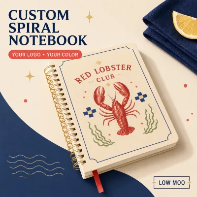 LABON Custom Red Lobster Club Notebook Cream Cover Vintage Lobster Illustration Gold Stars Checkered Cross Seaweed Wire O