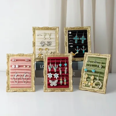 Vintage Golden Embossed Frame Jewelry Display Rack Velvet Earring Ring Display Holder for Show