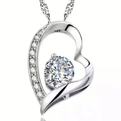 M 0546 Platinum Plated CZ Heart Pendant Necklace Charm Necklaces Elegant Gift for Girlfriend