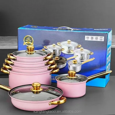 12-Piece Stainless Steel Non-Stick Cookware Set Fast Shipment Includes Frying Pan Casseroles Soup Stock Pots All Pink Metal